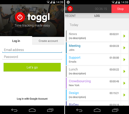 Toggl Time Tracking Tool Mobile Interface